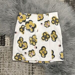 Free People Floral Print Denim Mini Skirt In White-Yellow Flowers‎ Size 4